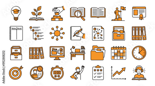 Education and Productivity Icon Set in Linear Style. A collection of learning linear icons, including research, notes, planning, time, success, growth, goals, organizing