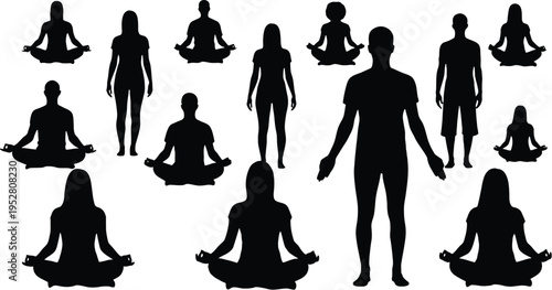 Set of 15 Black Silhouettes of People Meditating and Standing Vector