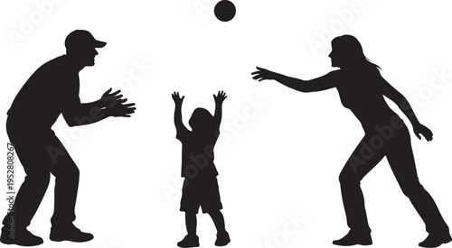 Family silhouettes playing catch with a ball, parents and child together on white background