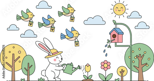 Cute white rabbit in a straw hat diligently waters a blossoming tulip flower in a cheerful, whimsical garden scene.