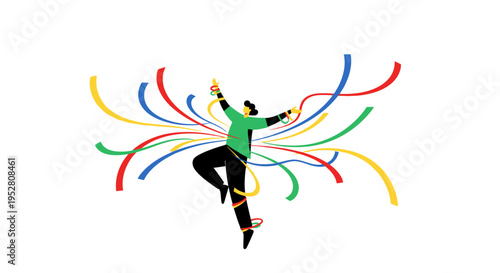 Joyful person dancing with colorful ribbons, celebrating freedom and creativity