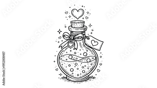 Love Potion Bottle Illustration – Magic Elixir Heart Fantasy Line Art