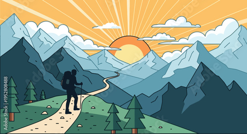 Silhouette of a lone hiker trekking along a winding path towards the bright sunrise over majestic blue mountains