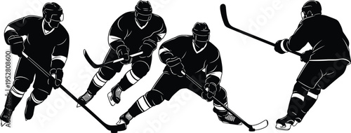Cad drawing flat vector illustration, silhouette sequence of ice hockey player skating and shooting puck dynamic action movement