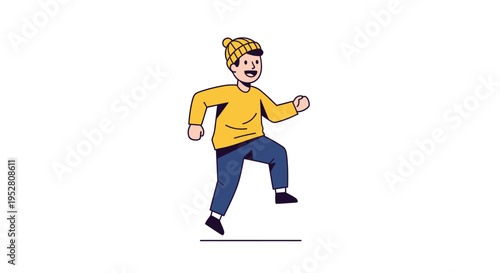 Young boy in yellow beanie and sweater happily jogging on white background