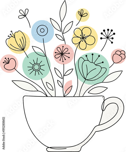Charming minimalist line art illustration depicting colorful spring blossoms blooming cheerfully inside a simple white teacup