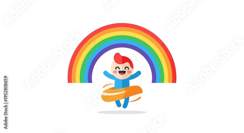 Happy child dancing under a vibrant rainbow on a white background