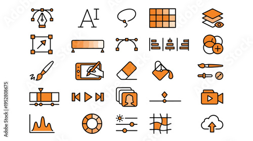 Design and Media Icon Set in Two-Tone Linear Style. A collection of multimedia linear icons, including pen tool, layers, brush, tablet, video, playback, cloud, timeline