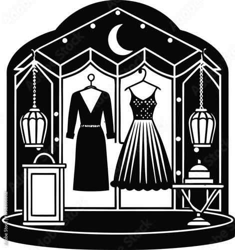 Vector illustration of a black and white boutique with dresses and lanterns