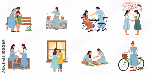 Collection of flat vector illustrations depicting women and girls offering comfort, empathy, and emotional support to each other in various everyday scenes.