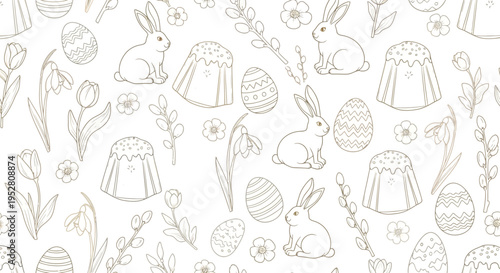 Seamless pattern of easter bunnies, decorated eggs, kulich cakes, willow branches and spring flowers like tulips and snowdrops on white background