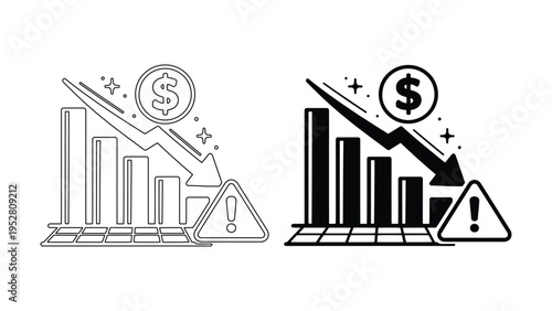 Financial Loss and Risk Icon Set – Declining Chart Warning Line Art and Solid Illustration