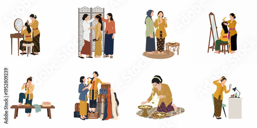 Collection of flat illustrations depicting Indonesian women in traditional kebaya performing various cultural rituals, grooming, and preparations for ceremonies.