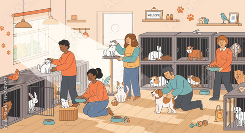 Animal Shelter Volunteers Caring for Various Pets.