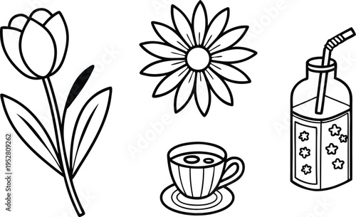 Set of 4 black and white outline vector illustrations featuring a tulip, daisy, striped teacup with saucer, and a juice box with straw, ideal for coloring books or simple design projects.