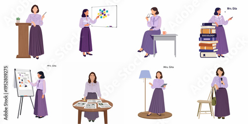 Set of vector illustrations featuring a female teacher or lecturer in various educational poses, including presenting, lecturing, and working at a desk.