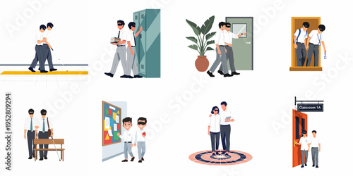 Illustrations showing visually impaired individuals being supported and guided by peers in various settings like schools and offices, promoting accessibility and inclusion.