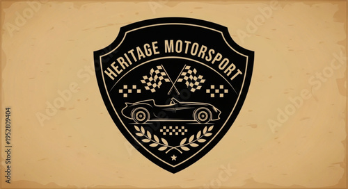 Heritage Motorsport Emblem with Classic Car and Checkered Flags.