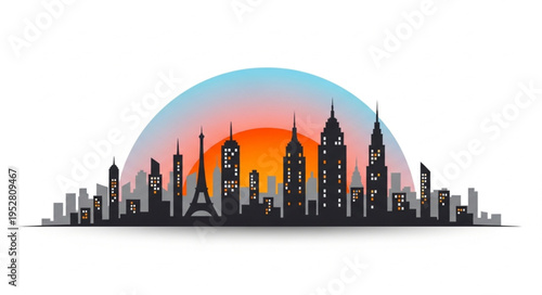 Cityscape Silhouette with Iconic Landmarks at Sunset.