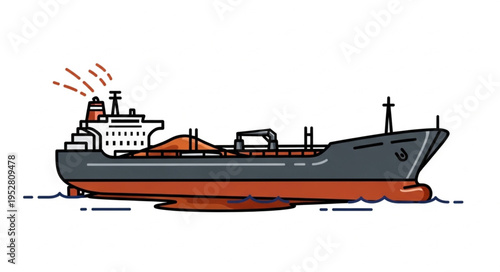 Illustration of a Cargo Ship at Sea with Detailed Features.