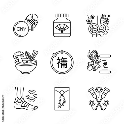 Chinese New Year Traditional Symbols and Health Icons Set.
