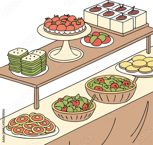Vector illustration of a buffet table with various food