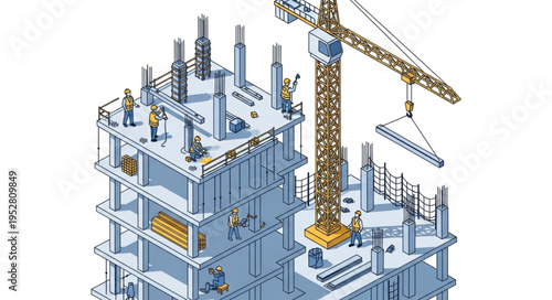 Illustration of a Building Under Construction with Crane and Workers.