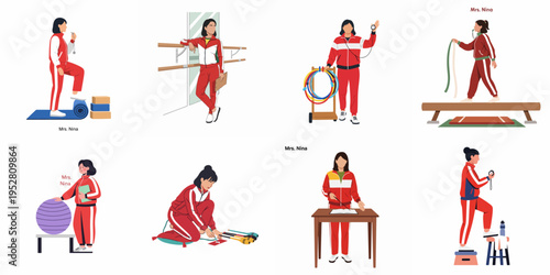 Flat vector illustration set of a female physical education teacher in a red tracksuit using various sports equipment and coaching students.