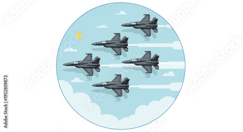 Formation of Fighter Jets Soaring Through a Cloudy Sky.