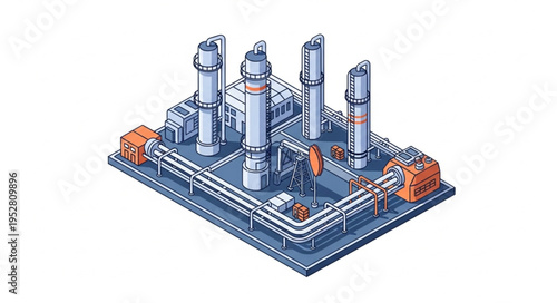 Isometric Illustration of an Industrial Plant with Tanks and Pipes.
