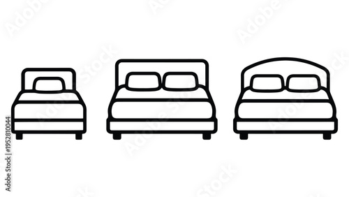 Bed Icon Set – Single and Double Bed Furniture Line Art Illustration