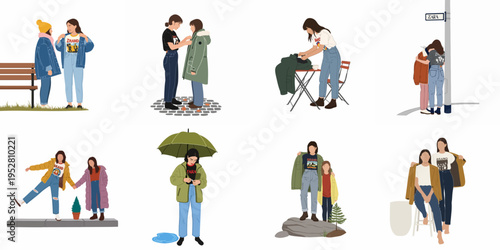 Collection of vector illustrations featuring fashionable young women and girls in various outdoor and casual lifestyle scenarios throughout different seasons.