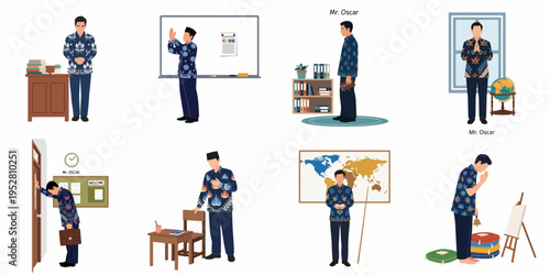 Set of illustrations featuring an Indonesian male teacher in a Korpri batik uniform, depicting various classroom activities, greetings, and professional pedagogical poses.