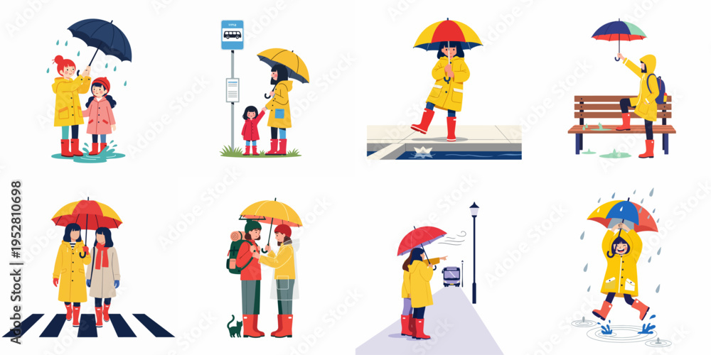 Fototapeta premium Set of flat vector illustrations featuring characters in yellow raincoats and umbrellas enjoying various activities on a rainy day in the city.