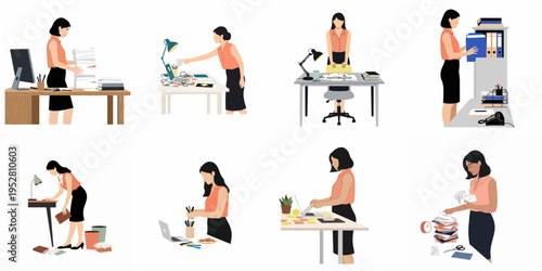 Flat vector illustration set showing a professional woman engaged in various office activities, including filing, organizing paperwork, and managing her workspace.