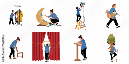 Collection of illustrations showing a professional female stagehand performing various theater production tasks like setting props, managing costumes, and adjusting lighting.