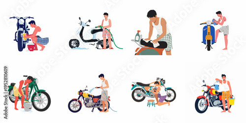 Collection of flat vector illustrations depicting various men washing, cleaning, and detailing their motorcycles and scooters using hoses, buckets, and sponges.