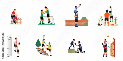 Set of Flat Vector Illustrations Showing Soccer Players Helping Each Other and Working Together in Various Outdoor Situations