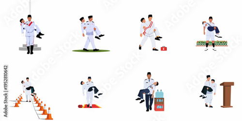 Collection of flat vector illustrations depicting Indonesian flag hoisting ceremony officers carrying fainted individuals to provide help and first aid.