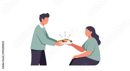 Man serving healthy food plate to woman, healthy lifestyle, nutrition concept