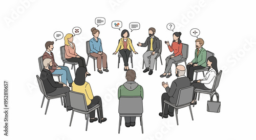 Diverse group of people in a circle discussing ideas with speech bubbles
