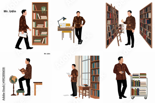 Vector illustrations of an Indonesian man in a traditional batik shirt performing various activities in a library, including reading, organizing, and managing books.