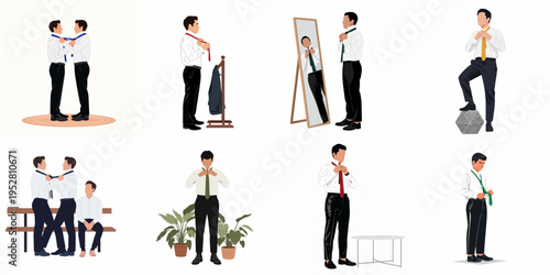 Set of flat vector illustrations featuring men in formal wear tying their ties and getting ready for business or a wedding.