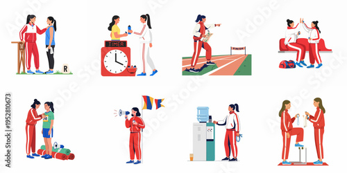 Set of Flat Vector Illustrations Showing Sports Coaches Training Athletes for Track and Field Competitions with Motivation, Timing, Strategy, and Teamwork.