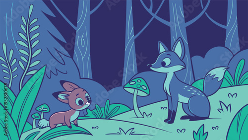 Cute cartoon mother fox and baby fox in a dark blue forest with mushrooms and plants, whimsical nature illustration vector for children's books and designs