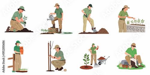 Set of illustrations depicting a female gardener performing various tasks like planting seedlings, watering, digging soil, and raking mulch on a white background.