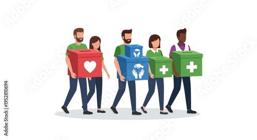 Diverse group carrying aid boxes for donation and support