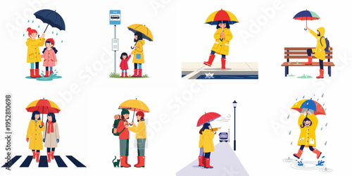 Set of flat vector illustrations featuring characters in yellow raincoats and umbrellas enjoying various activities on a rainy day in the city.