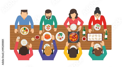 Family Dinner Party: Overhead View of People Enjoying Meal Together