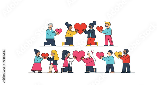 Diverse people sharing hearts, symbol of love, unity, and connection